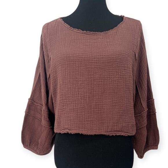 Grade & Gather Tops - Grade & Gather S Muslin Textured Gauzy Top Balloon Long Sleeve Cropped Blouse